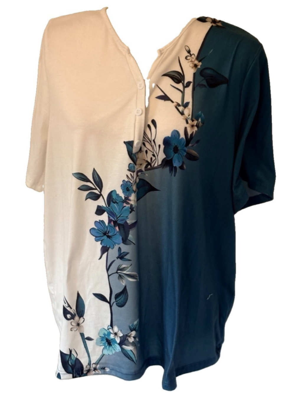 Women 2XL Floral Colorblock Henley Top Teal Blue White Short Sleeve Tee Casual